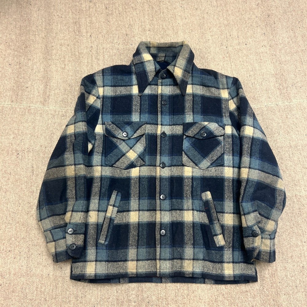 Vintage Sears Wool Plaid Button Up Shirt Mens Large Blue 1970s Flannel